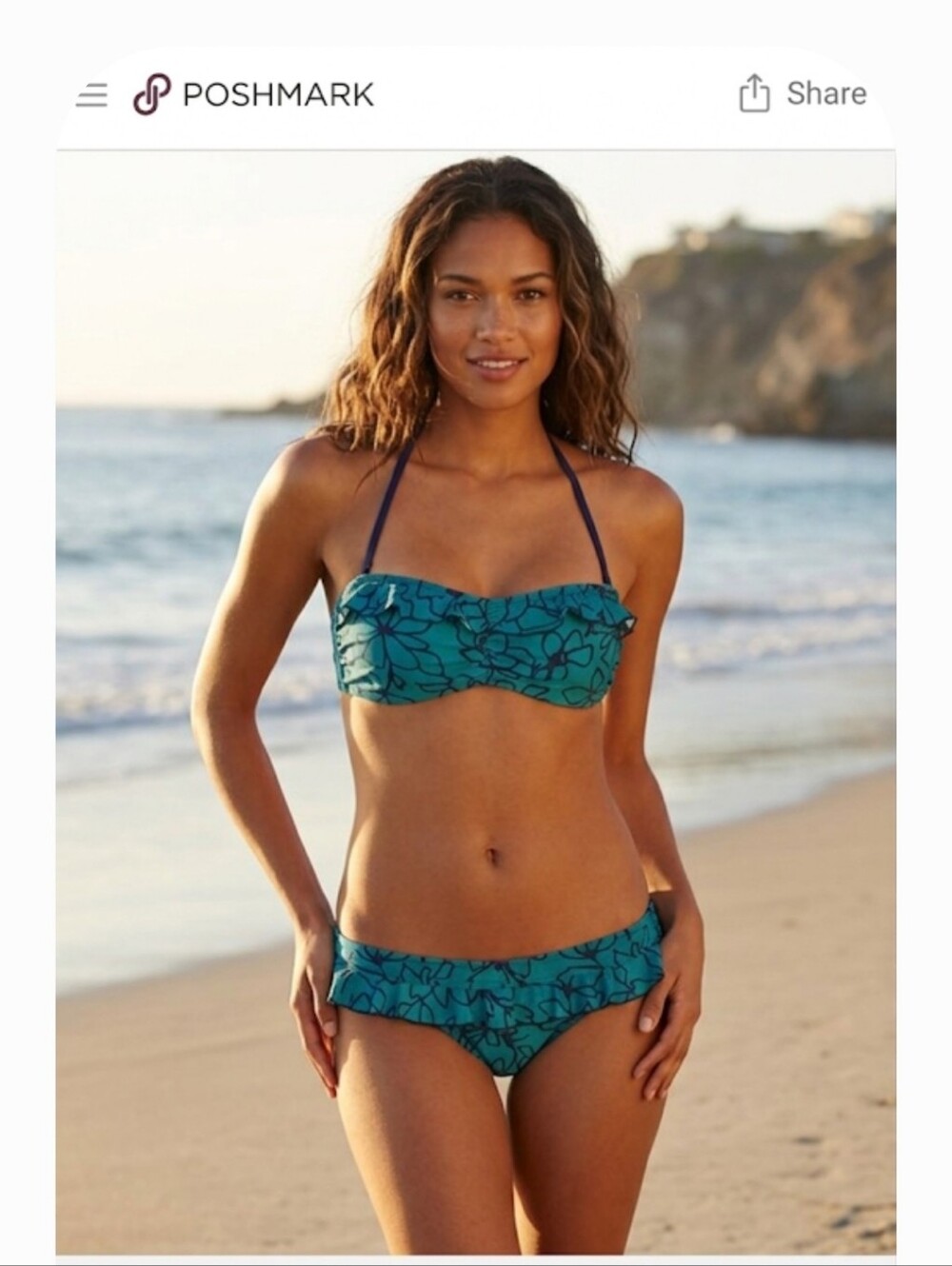 Nwt Splendid Teal Floral Bandeau Bikini with Navy Straps Size M - Picture 1 of 11